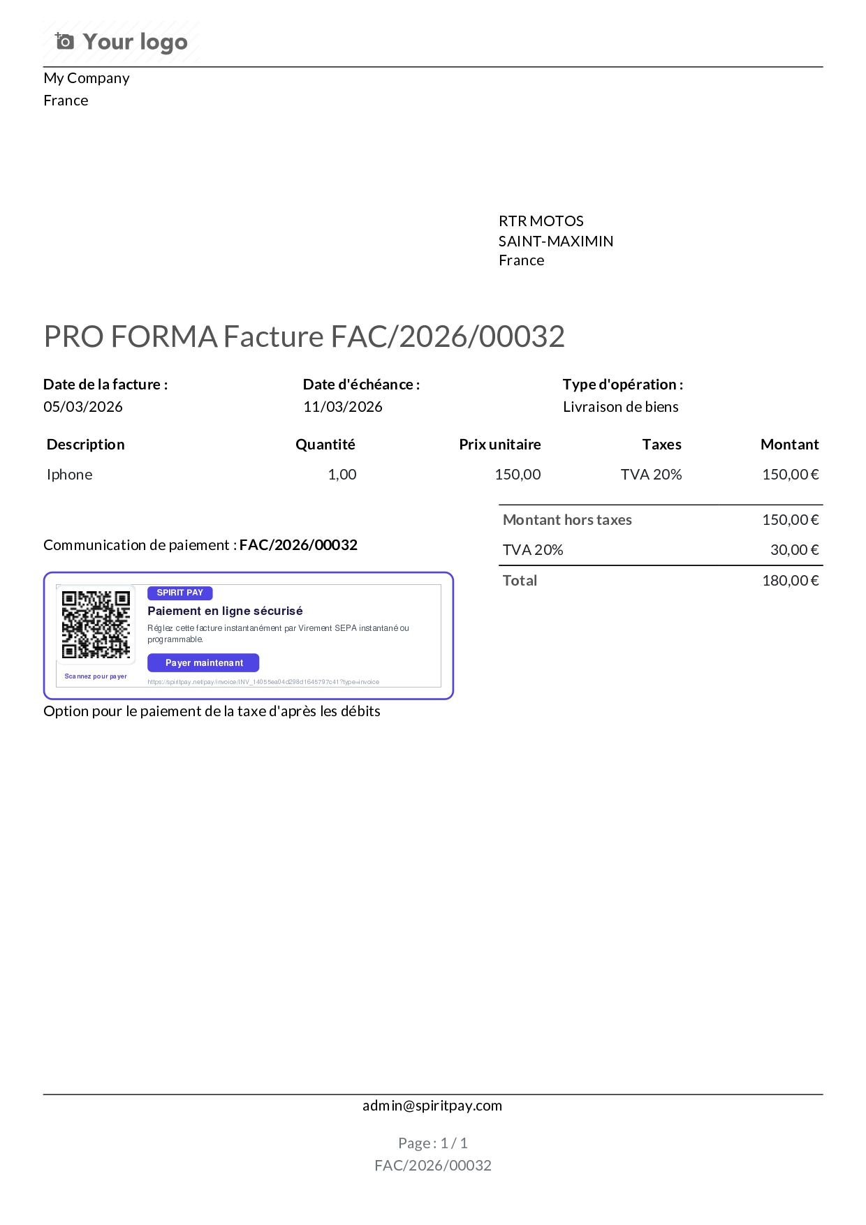 Exemple de facture PDF avec lien et QR Code Spirit Pay