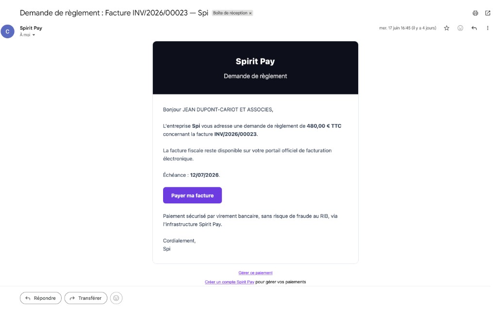 Exemple d'e-mail Spirit Pay : demande de règlement avec bouton Payer ma facture