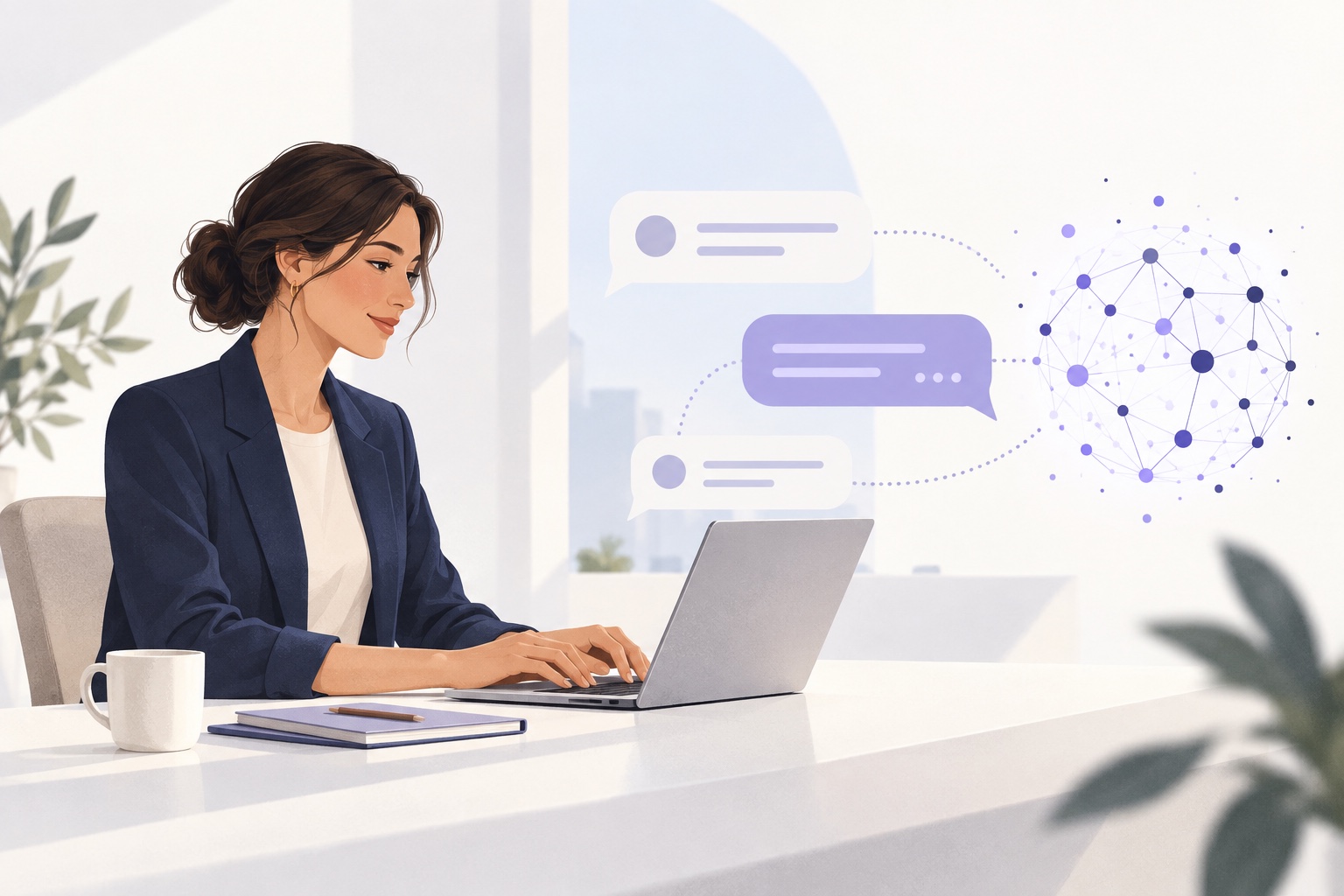 Une professionnelle échange par messages avec un assistant IA connecté à Spirit Pay