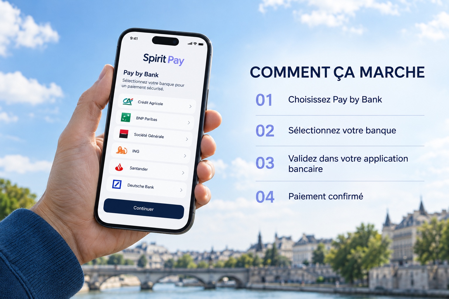 Parcours Spirit Pay avec sélection d’une banque européenne et validation Pay by Bank